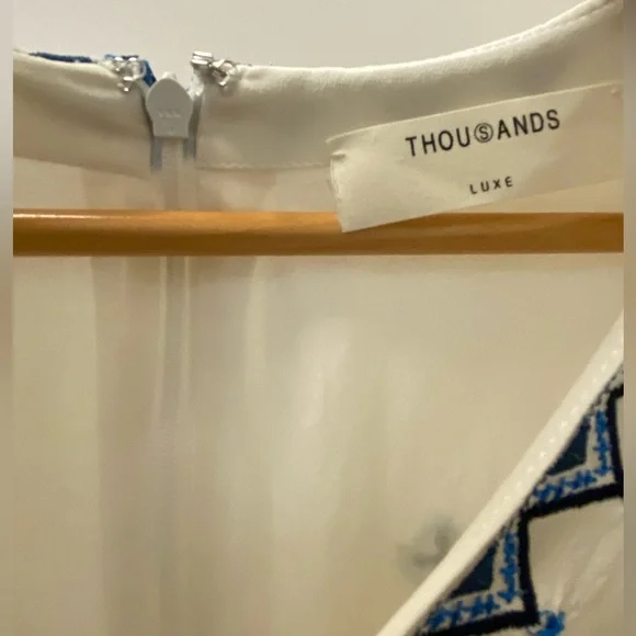 100% SILK Luxe Ivory and Blue Patterned Long Sleeve Dress - Picture 2 of 13